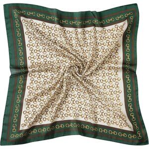 Women Green Double Headscarf Satin Bandana Pattern Polyester Breathable Scarves